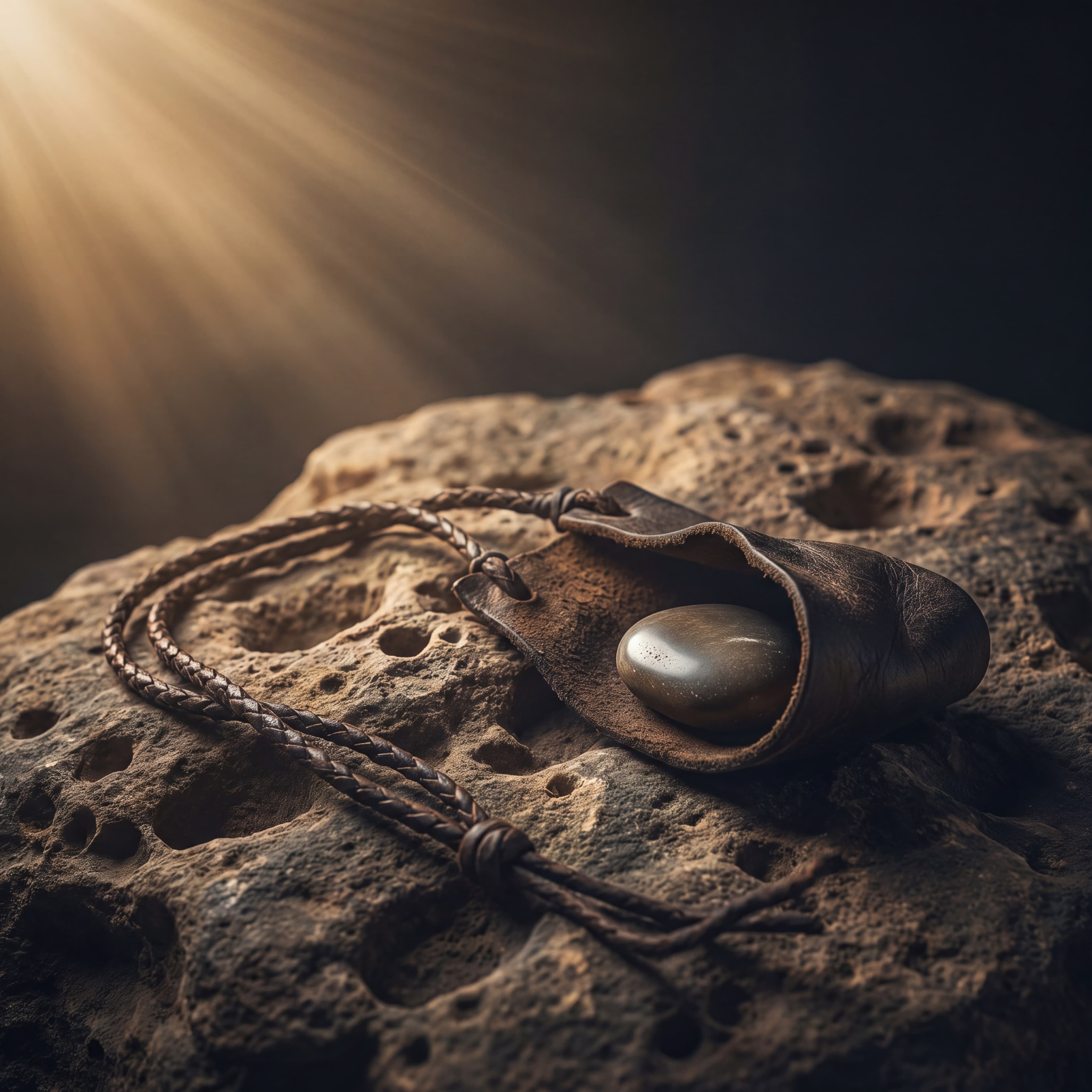 A worn leather shepherd's sling holding a smooth river stone, lit by warm golden light